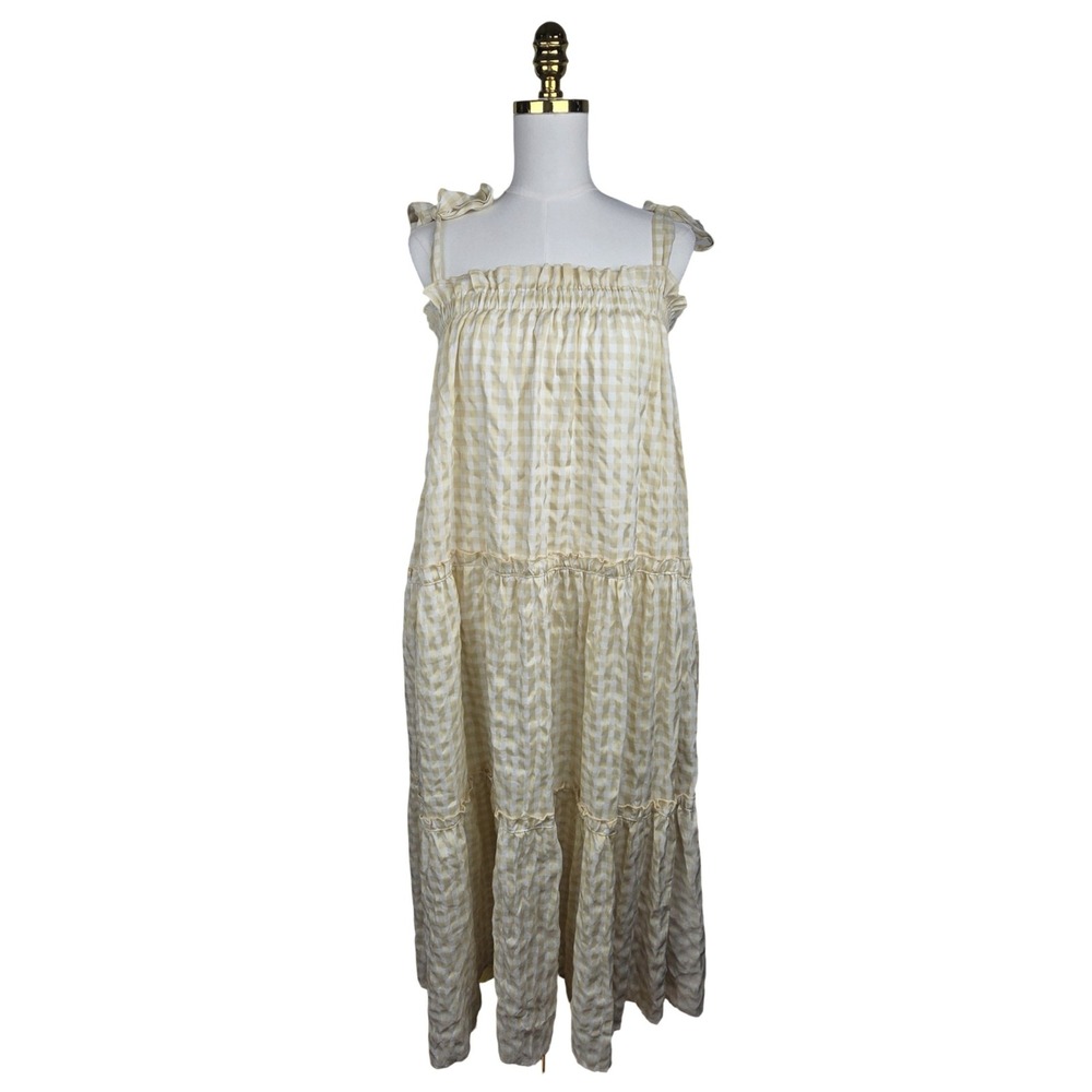 &merci Gingham Tiered Maxi Dress Women M Tan Tie Shoulder Cottagecore Picnic